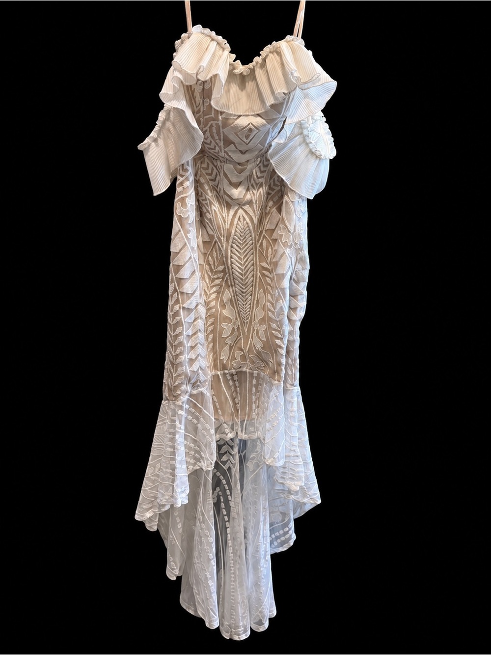 Women's Ivory Embroidered Ruffled Slip Dress
